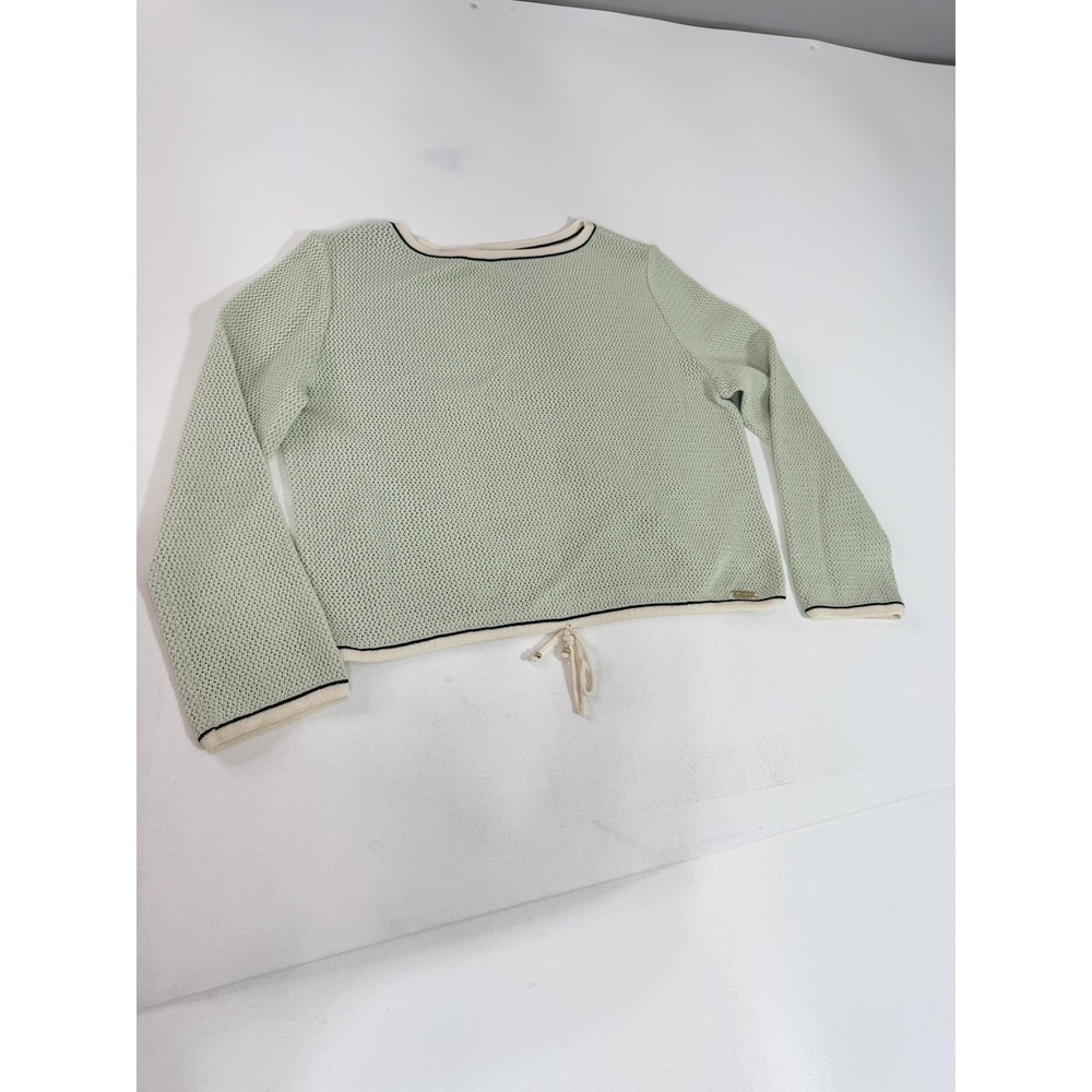 St John Sport Sweater Womens Large Green Open Knit Drawstring Hem Pullover